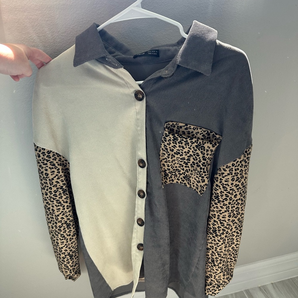 Leopard Print Colorblock Button-Up Shirt
